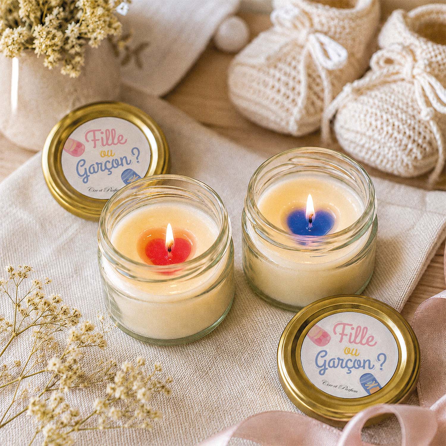 Bougie gender reveal - idée révélation sexe de bébé pour baby shower - Cire et Parfum